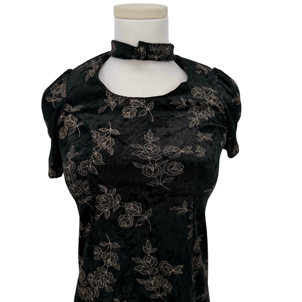 VTG 90s Y2K Velvet Mini Dress Rose Embroidered Tie Back Whimsigoth Goth Grunge - Picture 2 of 6